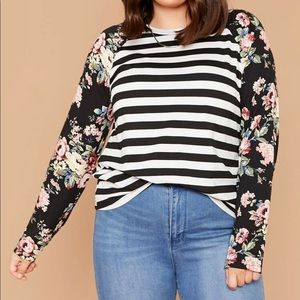SHEIN floral print raglan sleeve striped tee